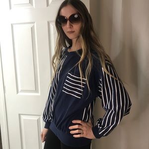 Vintage Asymmetric Sweatshirt, 1980s, Blue and White Stripes, Oversized Baggy